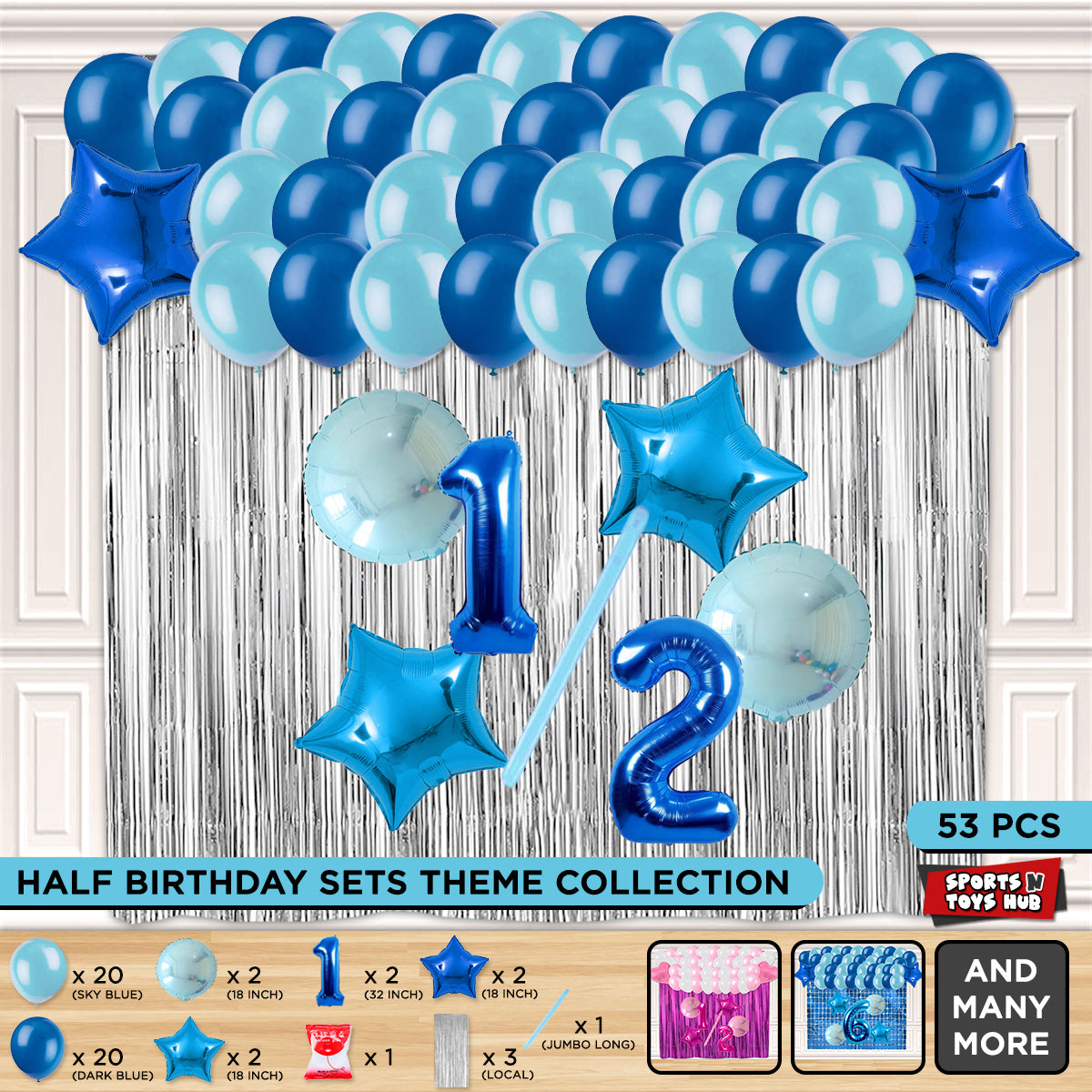 Half Birthday Foil Balloon Theme With Curtain - Blue