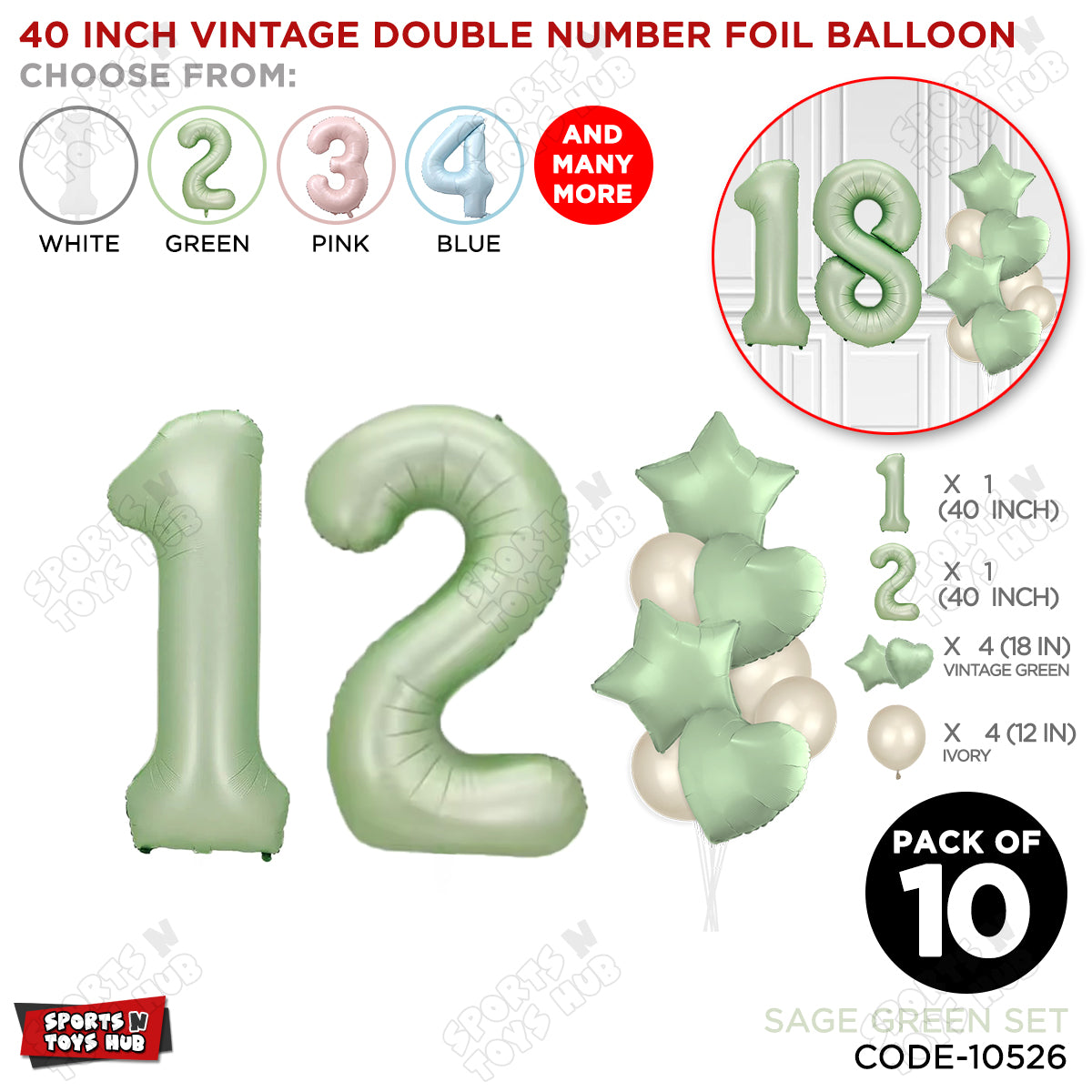 Sage Green Color 40 Inch Number Foil Balloon Set