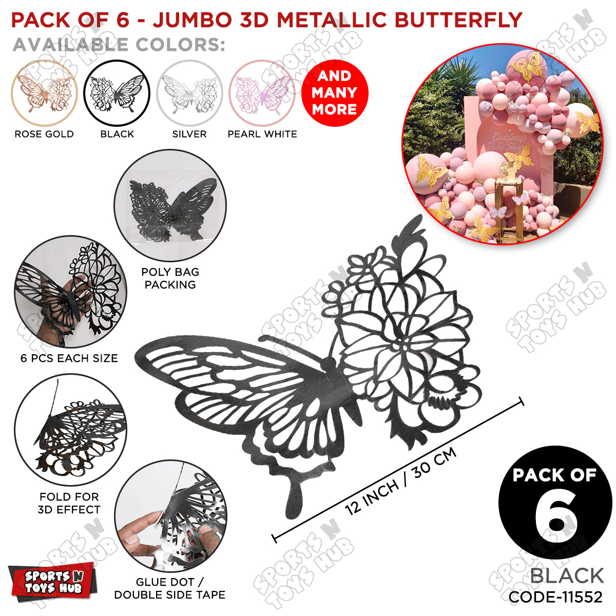 Jumbo 3D Metallic Butterfly For Balloon Garland & Wall Decor – Set of 6 (12-Inch)