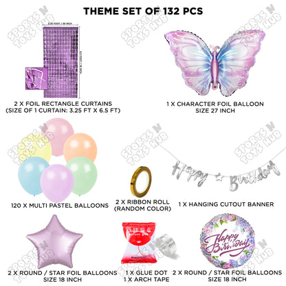 Butterfly Foil Balloon Set With Happy Birthday Cursive Banner Arch Theme - Pack Of 132