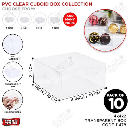 4x4x2 Inch Transparent PVC Plastic Sheet Cuboid Box - Pack Of 10