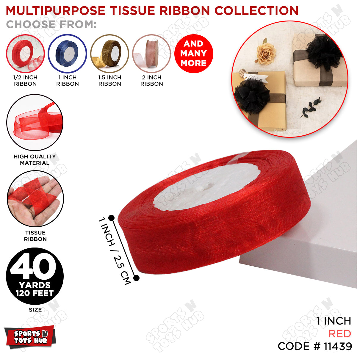 1 Inch x 40 Yards – Multipurpose Tissue Ribbon Roll for Gift Wrapping, Crafts & Decorations