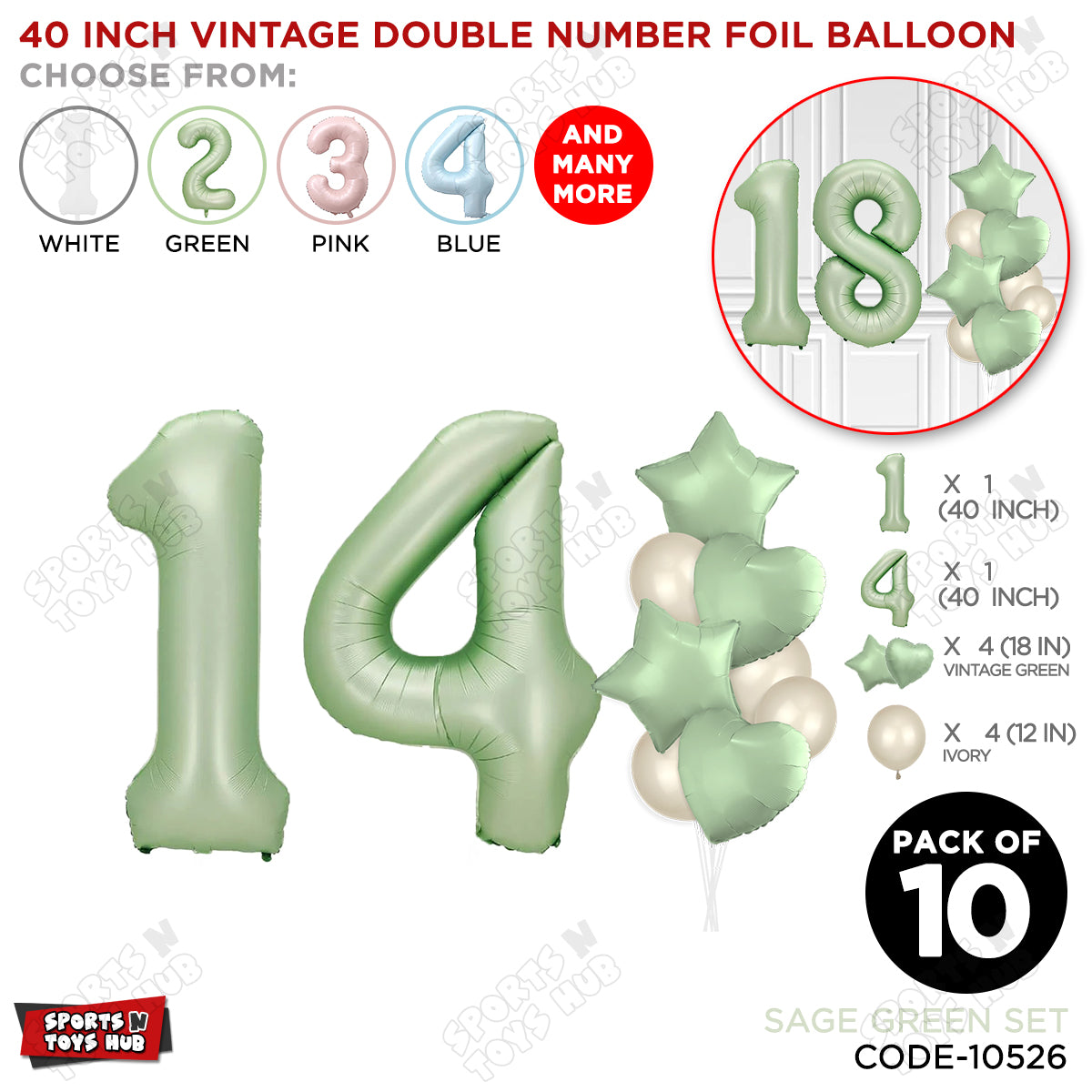 Sage Green Color 40 Inch Number Foil Balloon Set