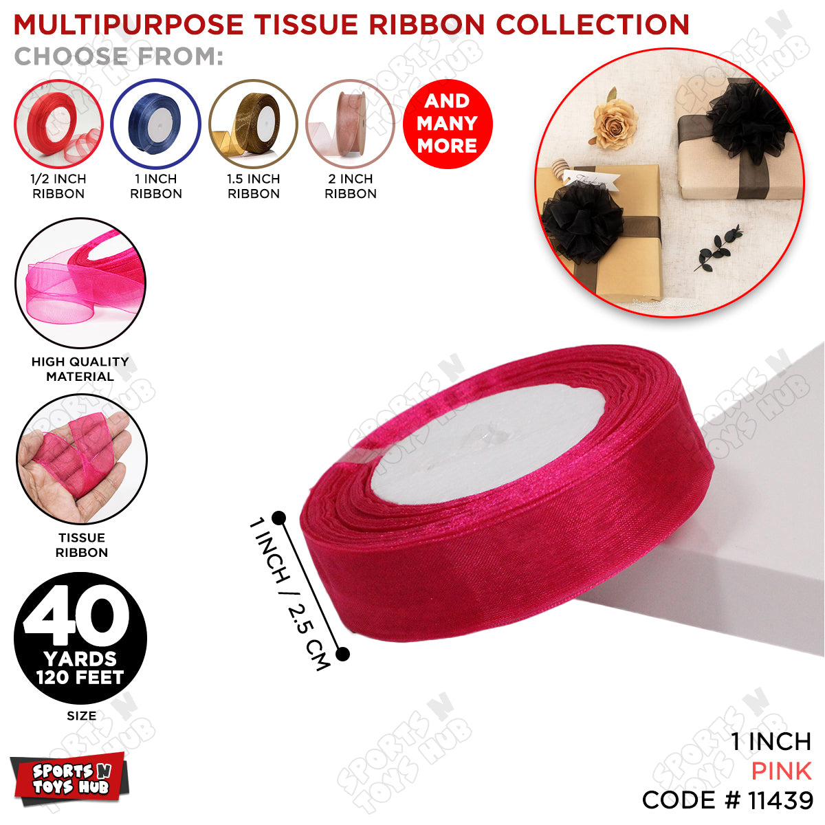 1 Inch x 40 Yards – Multipurpose Tissue Ribbon Roll for Gift Wrapping, Crafts & Decorations