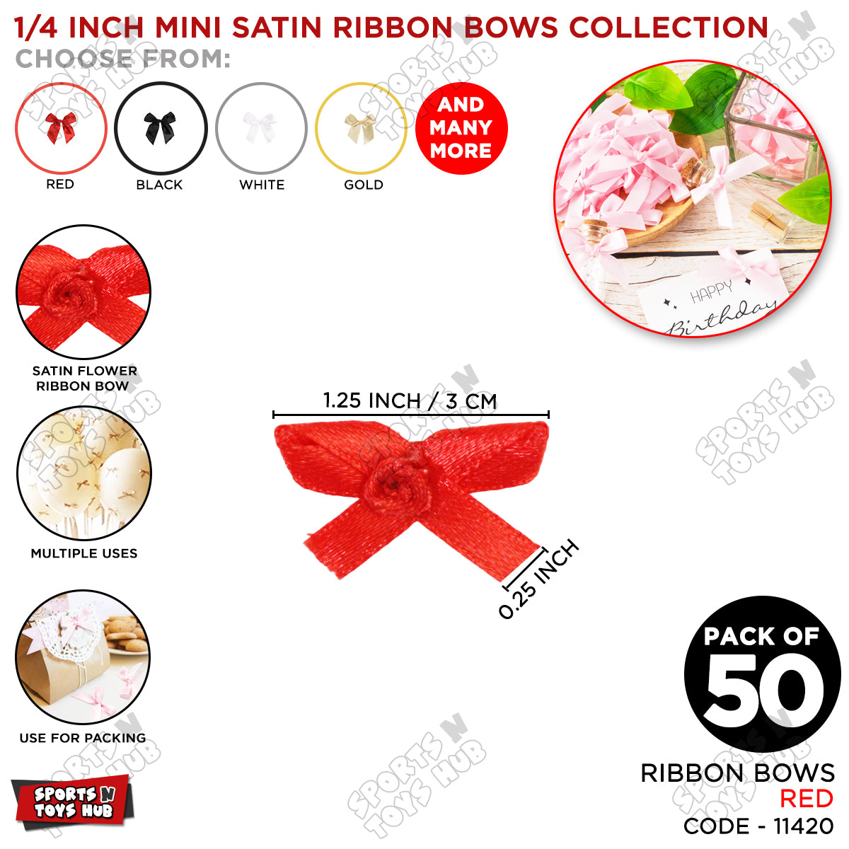 1/4-Inch Satin Ribbon Bows – For Gift Wrapping & Decor - Pack of 50