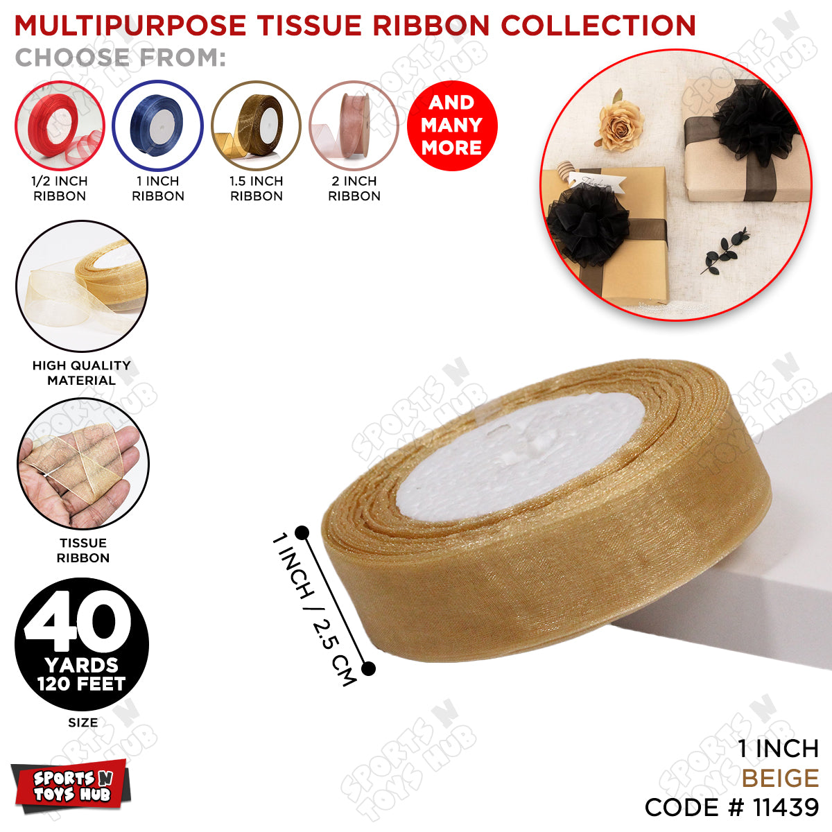 1 Inch x 40 Yards – Multipurpose Tissue Ribbon Roll for Gift Wrapping, Crafts & Decorations