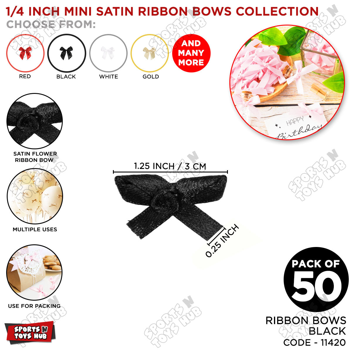 1/4-Inch Satin Ribbon Bows – For Gift Wrapping & Decor - Pack of 50