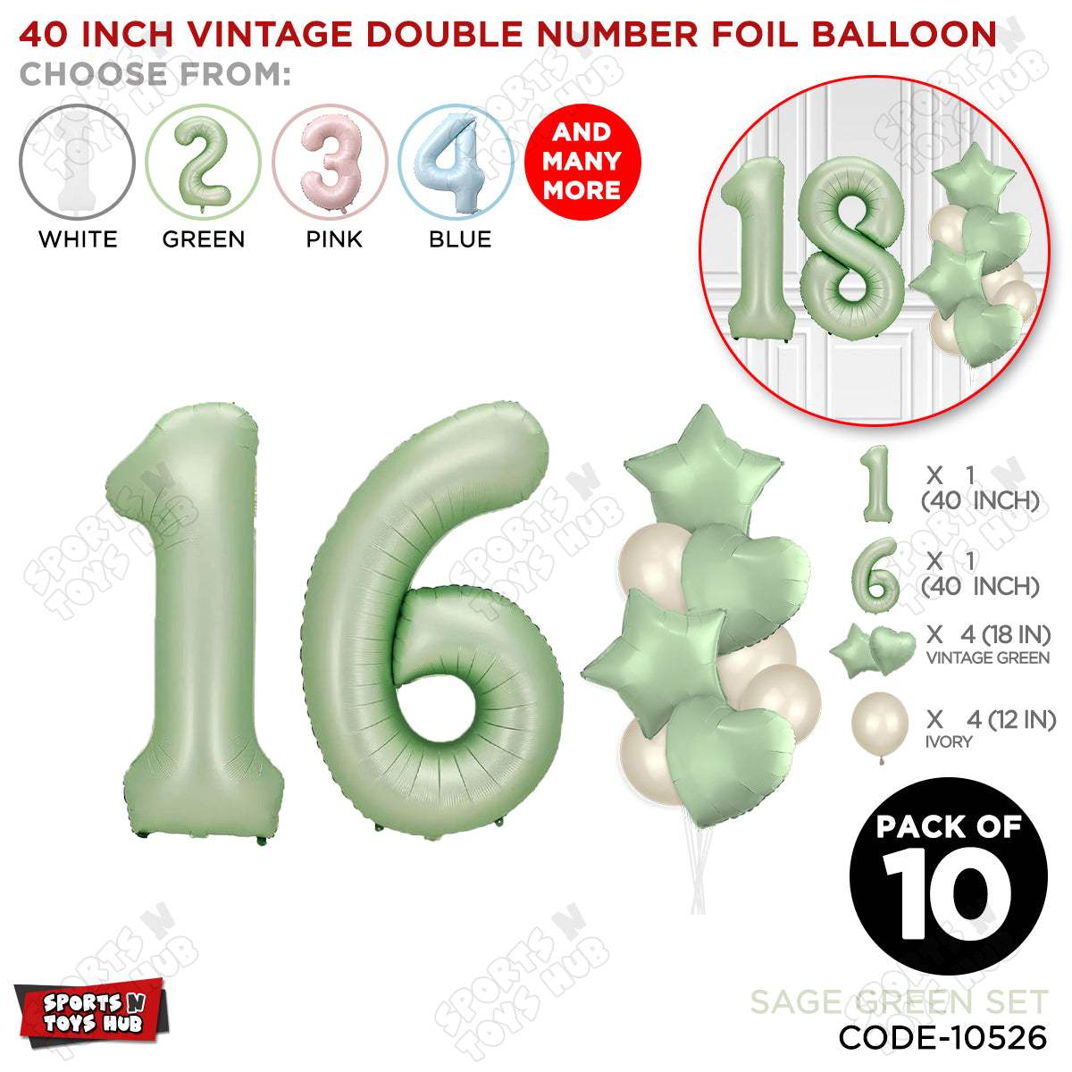 Sage Green Color 40 Inch Number Foil Balloon Set