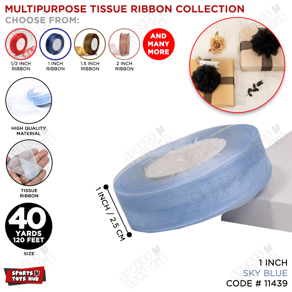 1 Inch x 40 Yards – Multipurpose Tissue Ribbon Roll for Gift Wrapping, Crafts & Decorations