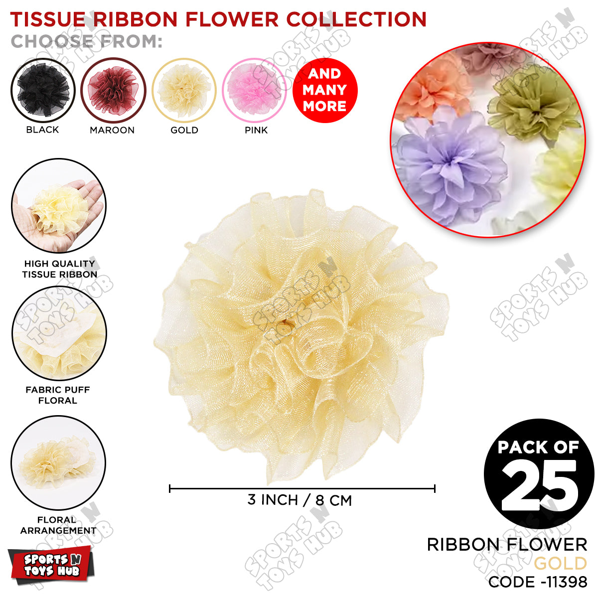 3 Inch - Tissue Ribbon Puff Flowers – Pack of 25 Decorative Fabric Flowers