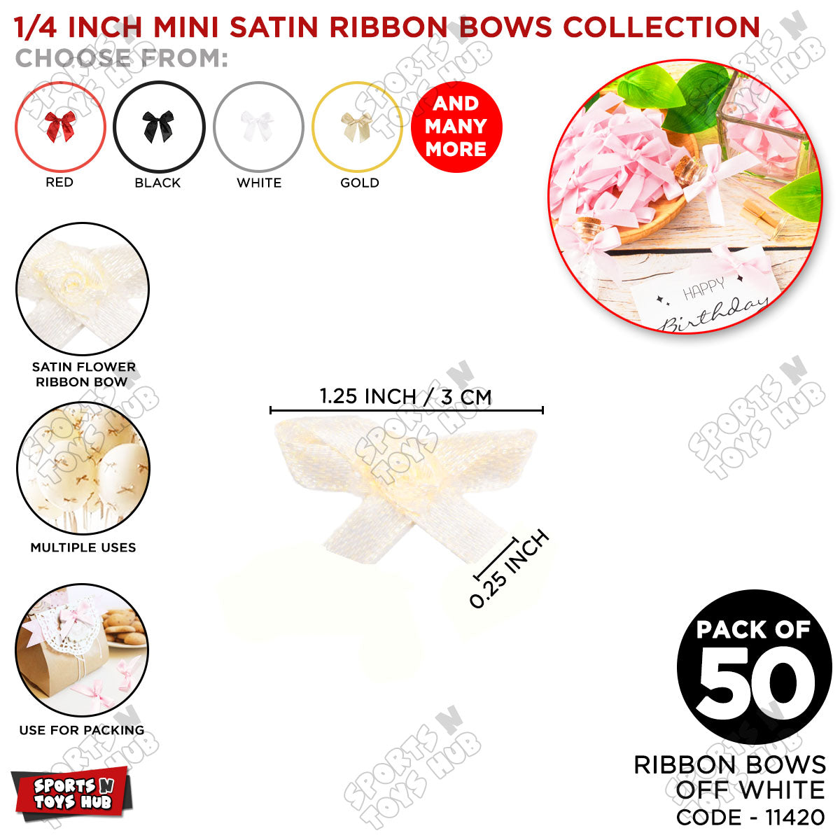 1/4-Inch Satin Ribbon Bows – For Gift Wrapping & Decor - Pack of 50