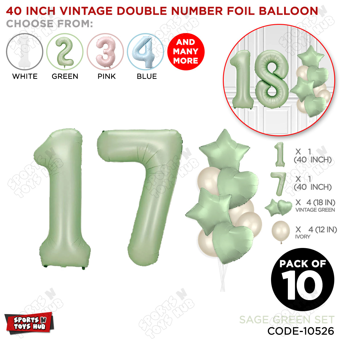 Sage Green Color 40 Inch Number Foil Balloon Set