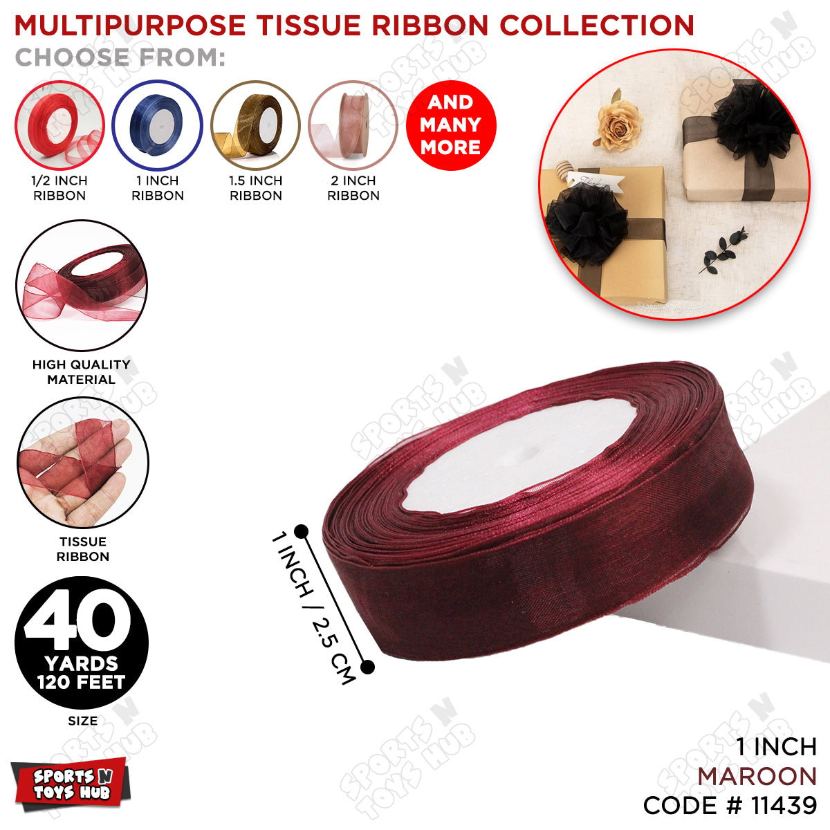 1 Inch x 40 Yards – Multipurpose Tissue Ribbon Roll for Gift Wrapping, Crafts & Decorations