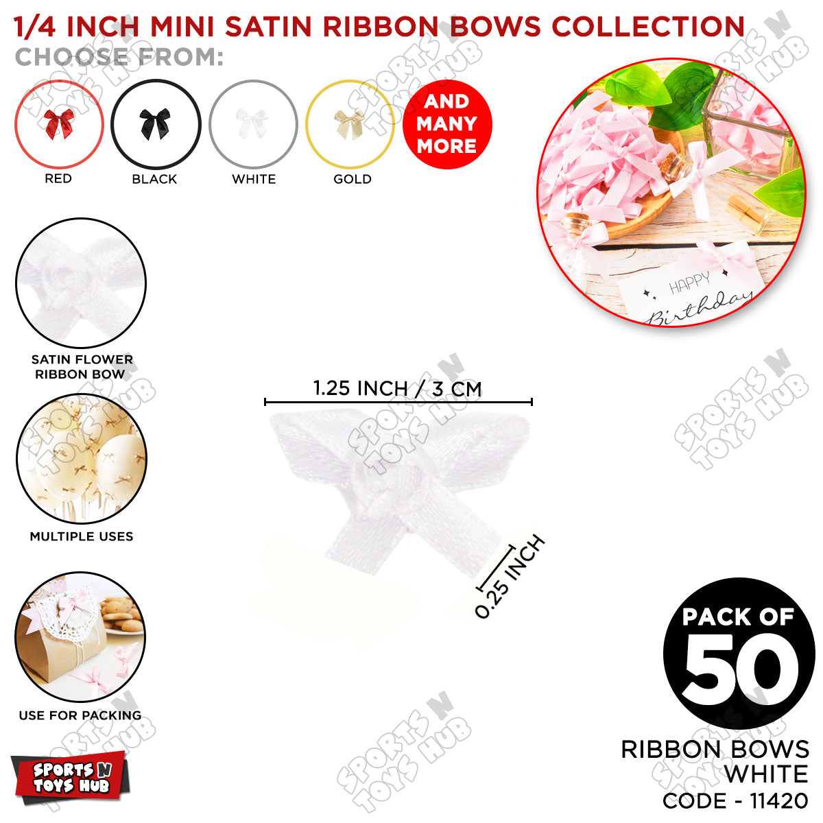 1/4-Inch Satin Ribbon Bows – For Gift Wrapping & Decor - Pack of 50