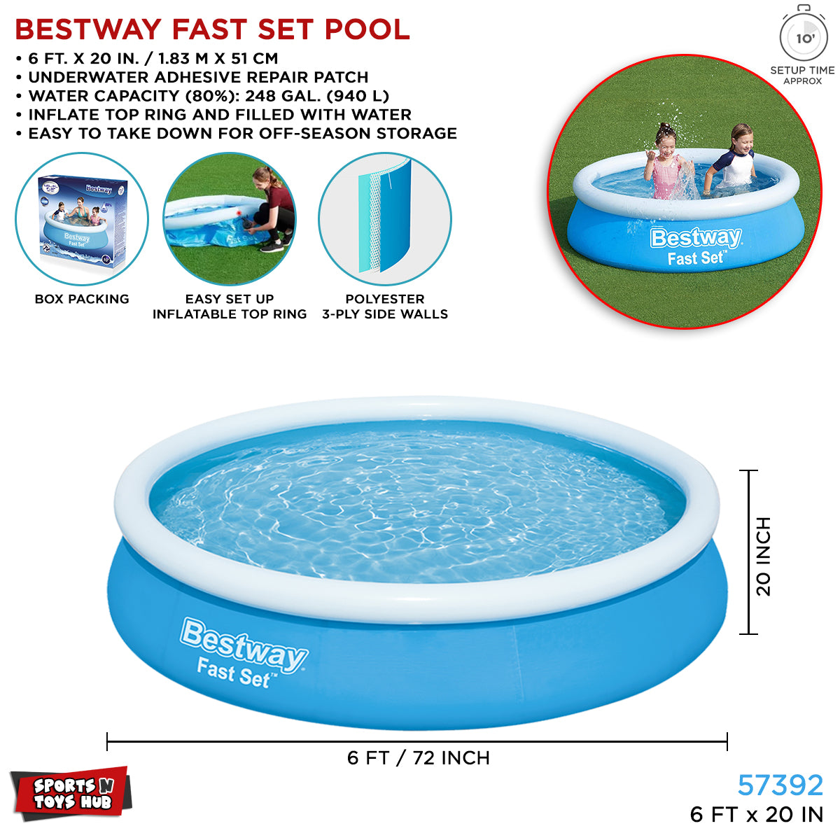 6 Ft Bestway Inflatable Fast Set Swimming Pool For Kids - 57392
