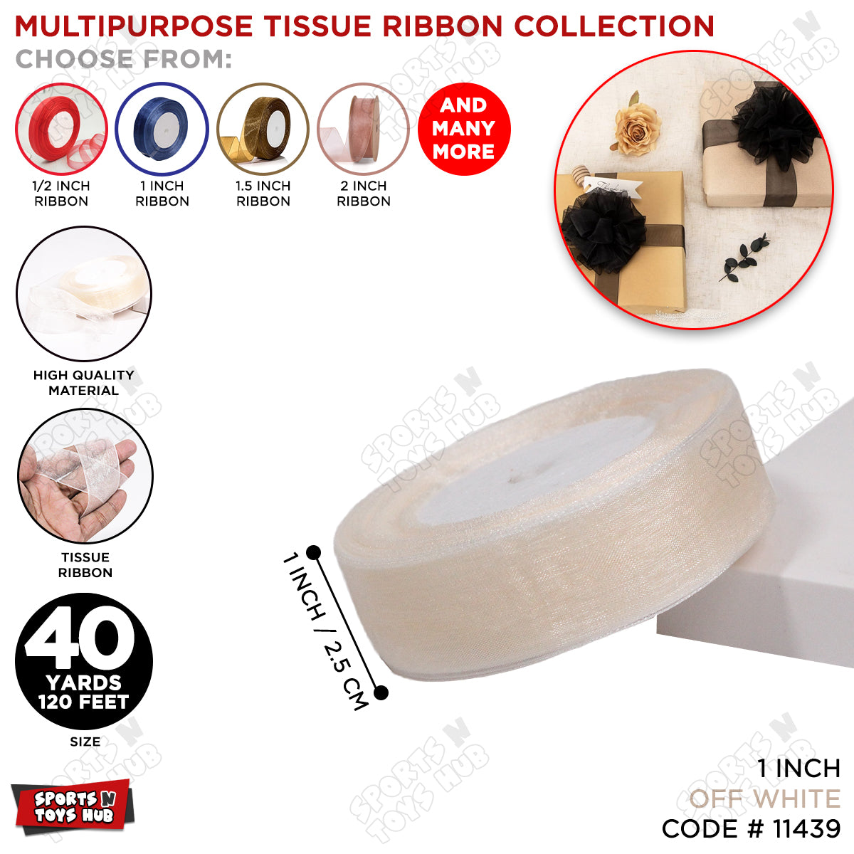 1 Inch x 40 Yards – Multipurpose Tissue Ribbon Roll for Gift Wrapping, Crafts & Decorations