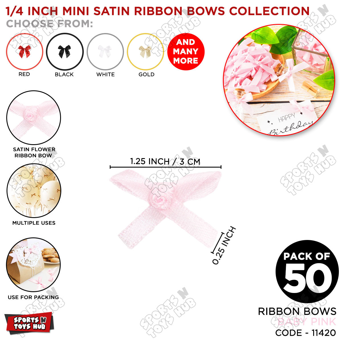 1/4-Inch Satin Ribbon Bows – For Gift Wrapping & Decor - Pack of 50