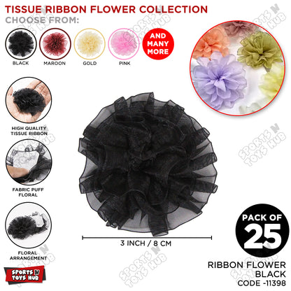 3 Inch - Tissue Ribbon Puff Flowers – Pack of 25 Decorative Fabric Flowers