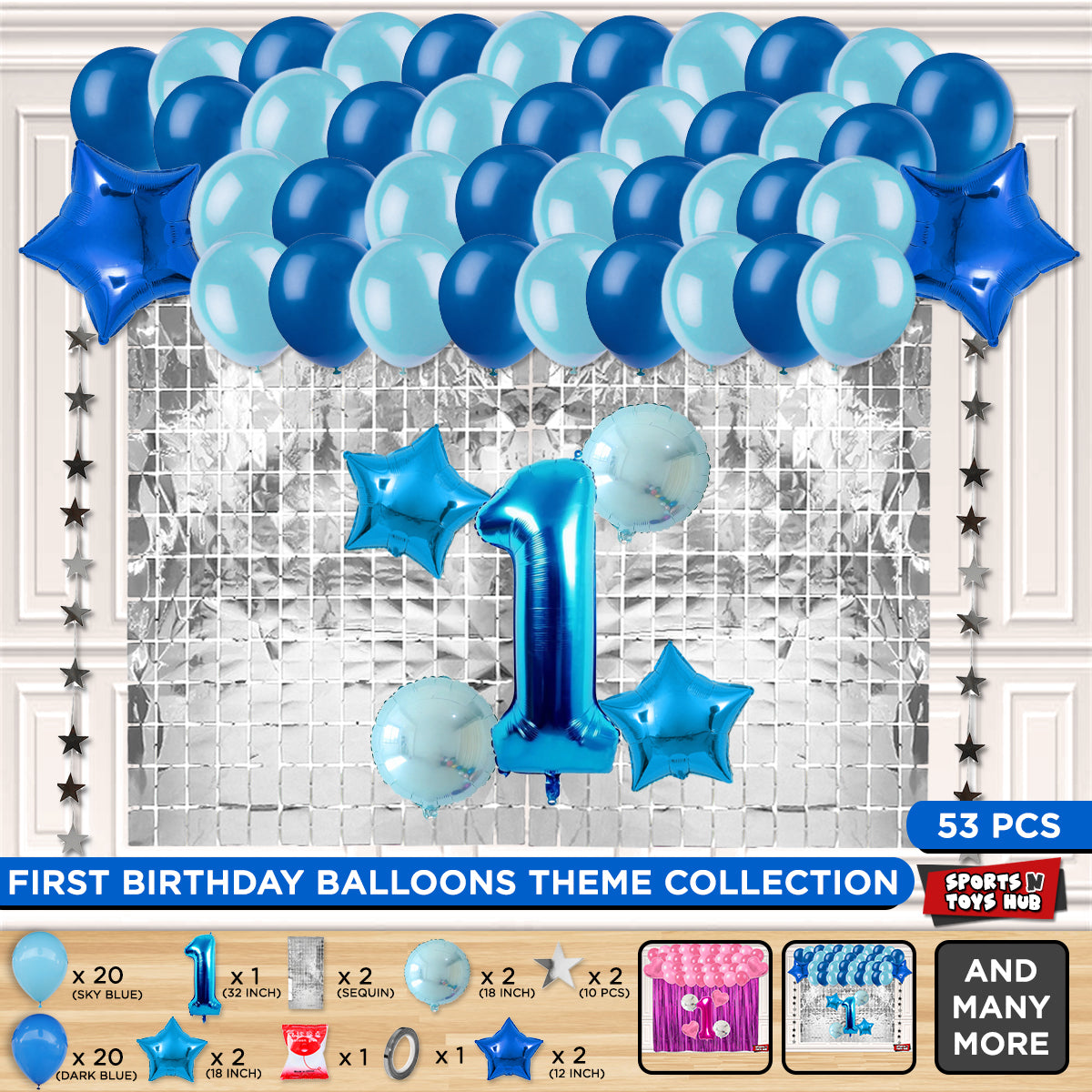 First Birthday Foil Balloon Theme With Rectangle Curtain