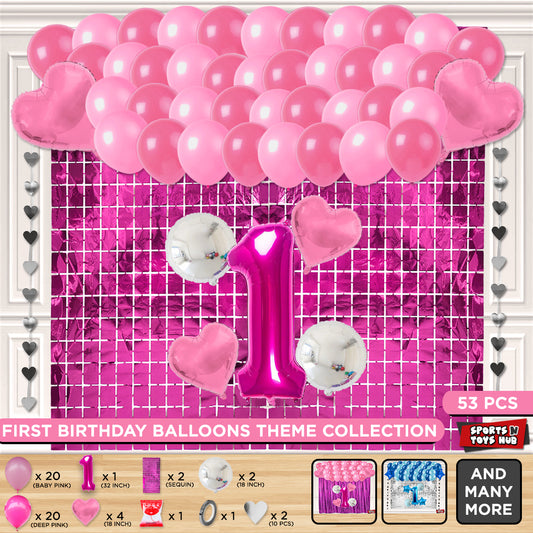 First Birthday Foil Balloon Theme With Rectangle Curtain