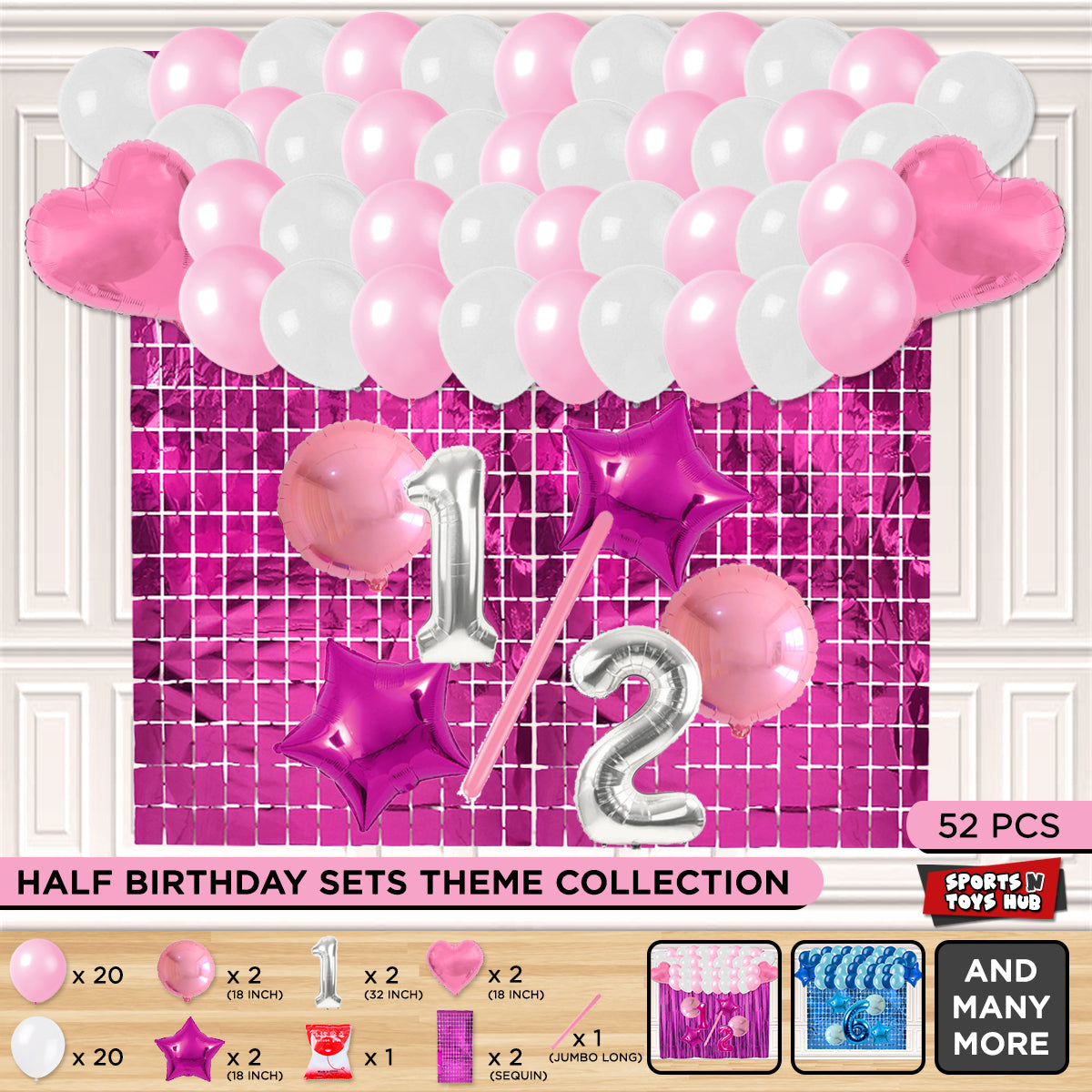 Half Birthday Foil Balloon Theme With Rectangle Curtain - Pink