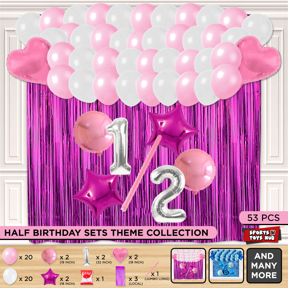 Half Birthday Foil Balloon Theme With Curtain - Pink