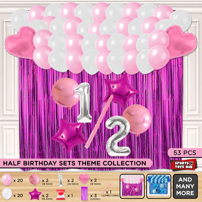 Half Birthday Foil Balloon Theme With Curtain - Pink