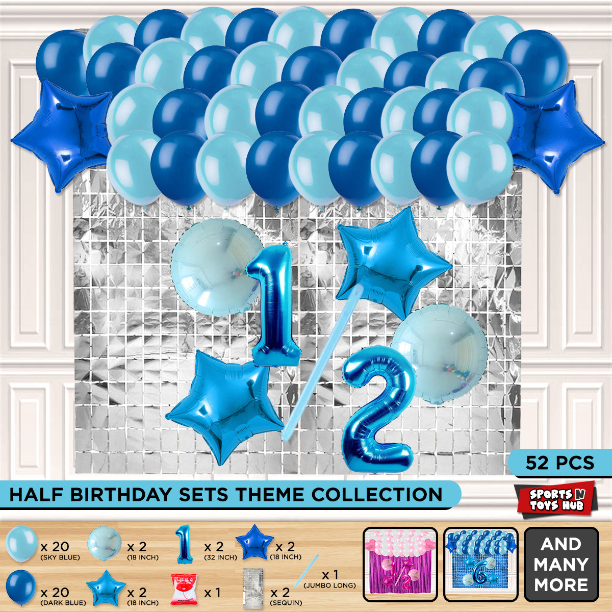 Half Birthday Foil Balloon Theme With Rectangle Curtain - Blue