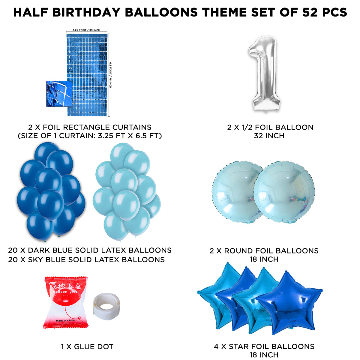 Half Birthday Foil Balloon Theme With Rectangle Curtain - Blue