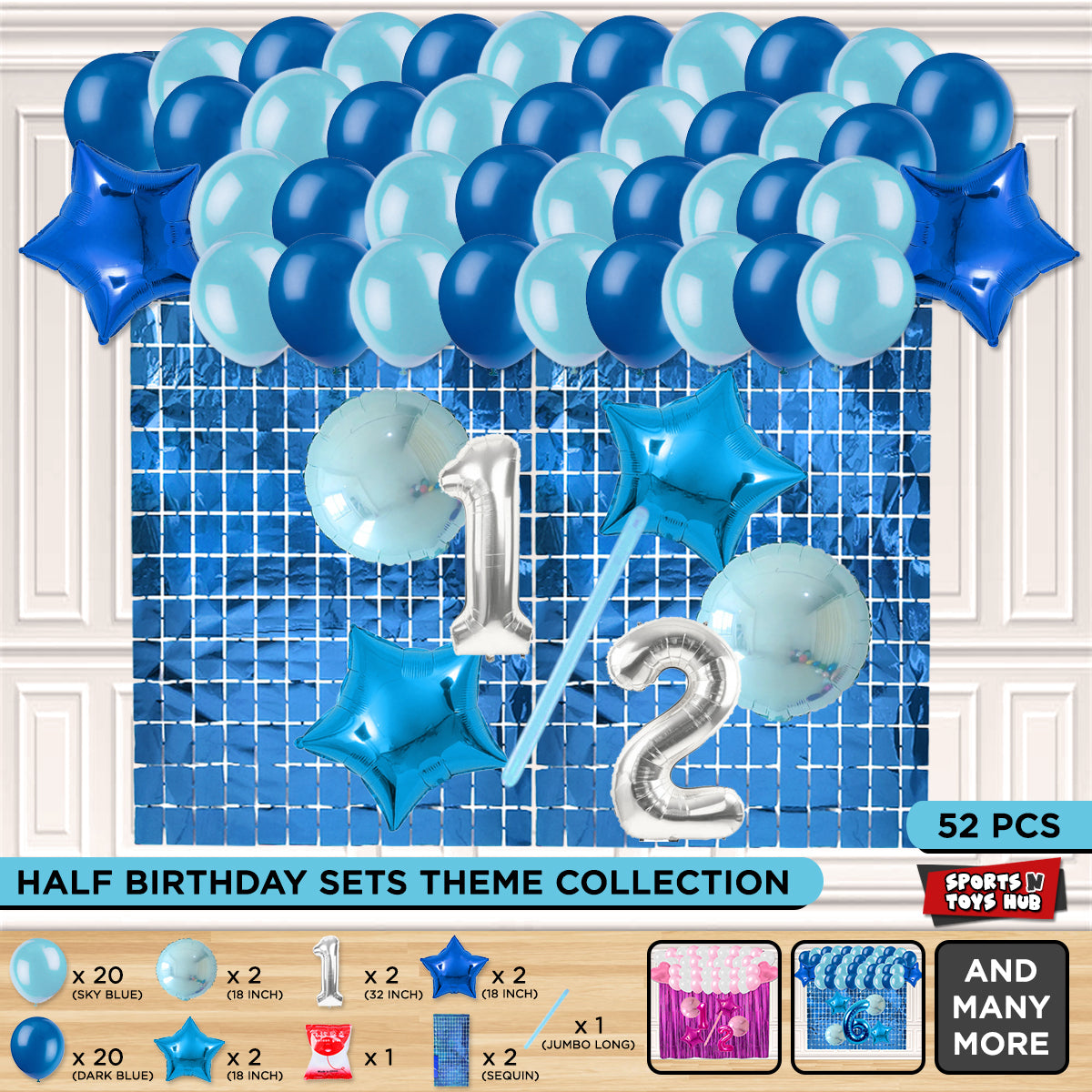 Half Birthday Foil Balloon Theme With Rectangle Curtain - Blue