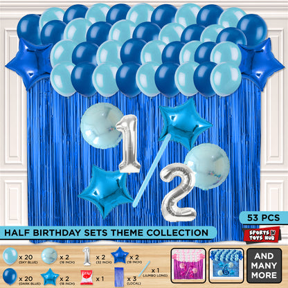 Half Birthday Foil Balloon Theme With Curtain - Blue