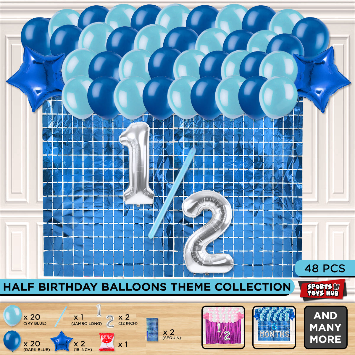 Half Birthday Foil Letter Theme With Rectangle Curtain - Blue