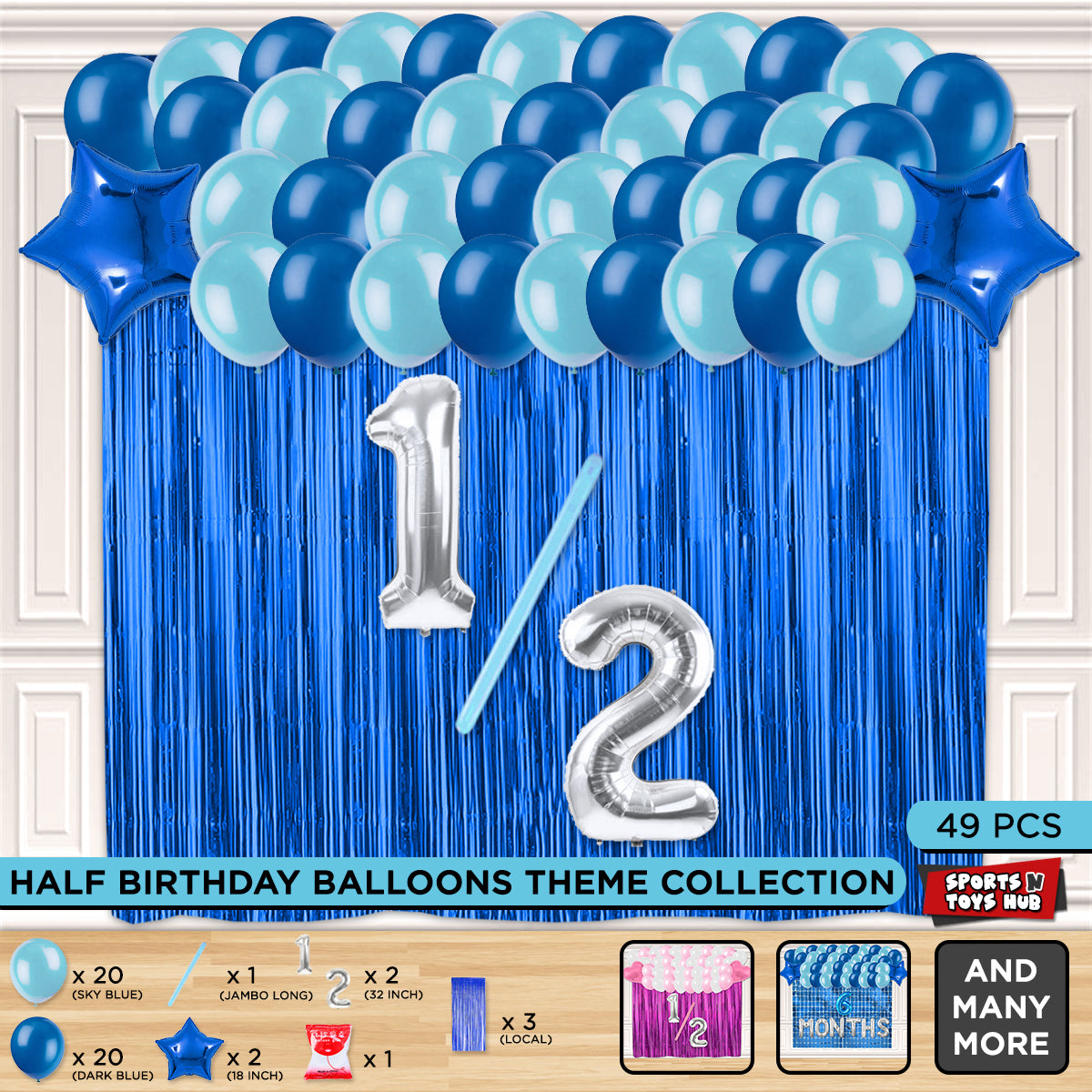 Half Birthday Foil Letter Theme With Curtain - Blue