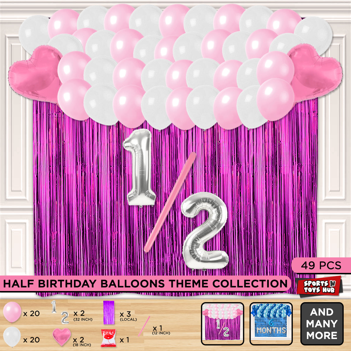 Half Birthday Foil Letter Theme With Curtain - Pink