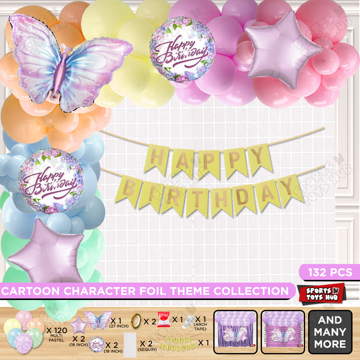 Butterfly Foil Balloon Set With Happy Birthday Card Banner Arch Theme - Pack Of 132