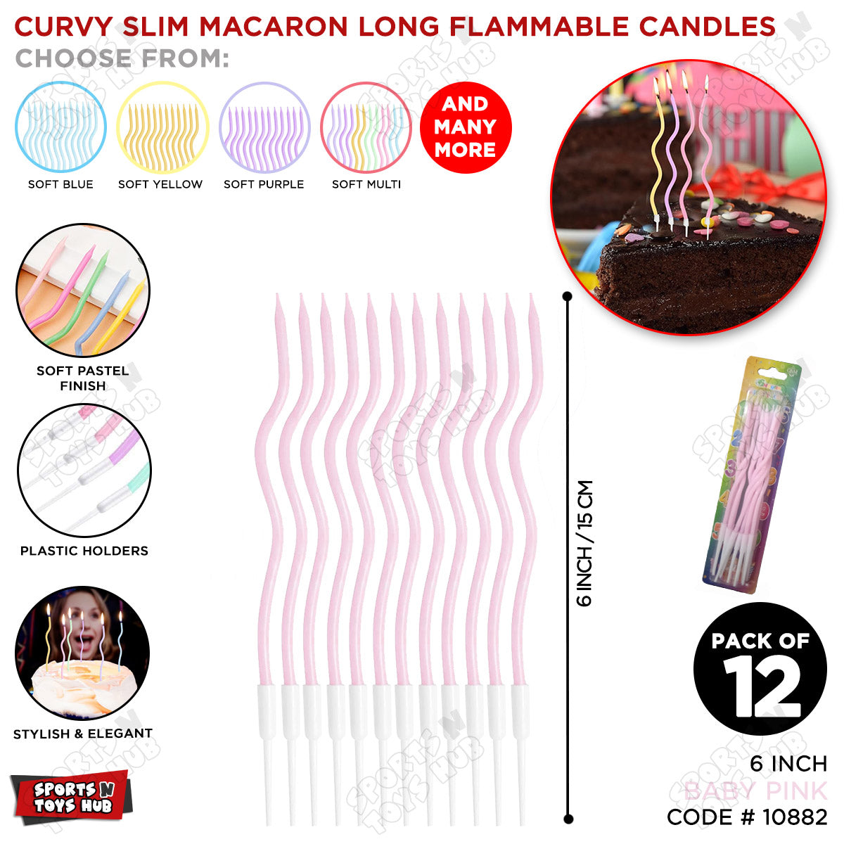 Curvy Macaron Slim Long Flammable Candles - Pack Of 12