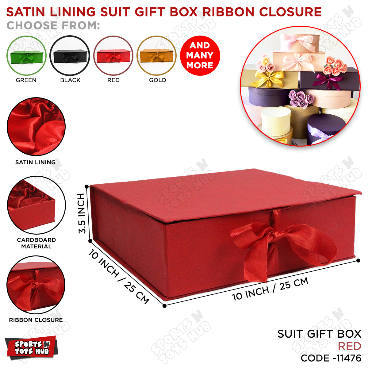 Satin Lining Suit Gift Box Ribbon Closure - 10 x 10 x 3.5 Inches