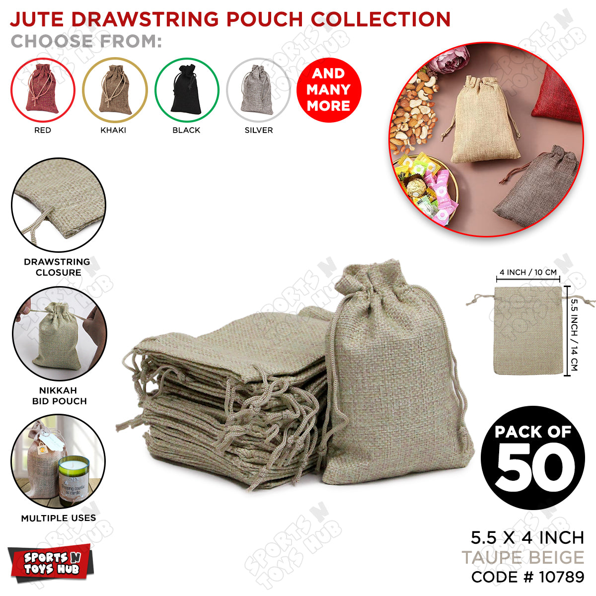 Jute Drawstring Pouches - Multi-purpose Pouch For Gift Packing, Nikkah Bid - Pack of 50