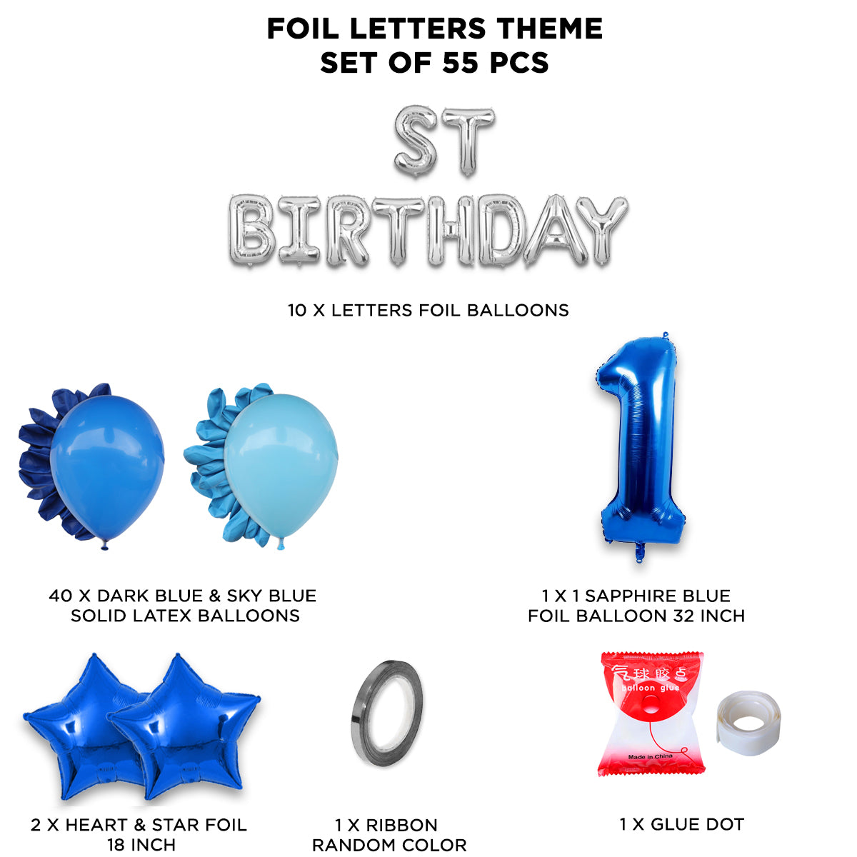 1ST Birthday Foil Letter Theme Without Curtain - Blue