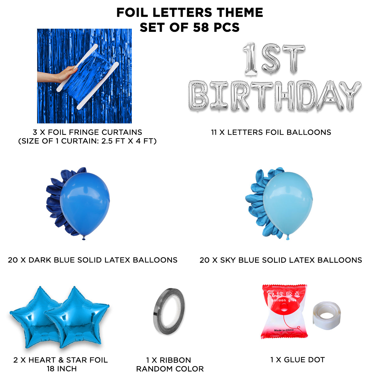 1st Birthday Foil Letter Theme With Curtain - Blue