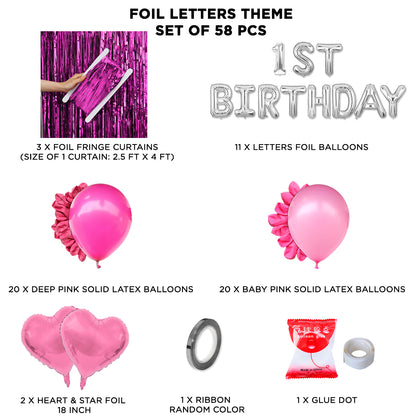 1st Birthday Foil Letter Theme With Curtain - Pink