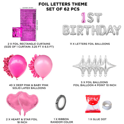 1st Birthday Foil Letter Theme With Rectangle Curtain - Pink