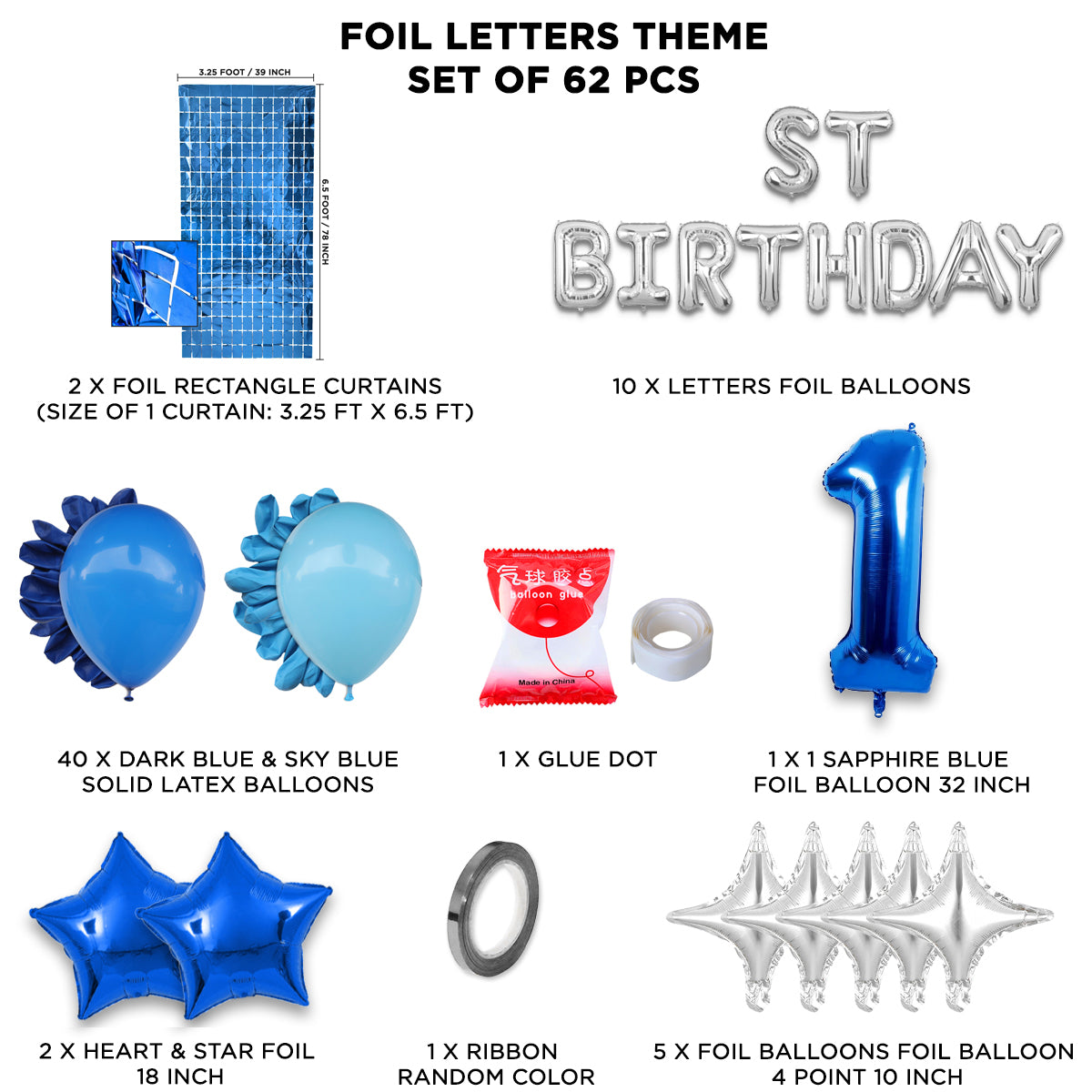 1ST Birthday Foil Letter Theme With Rectangle Curtain - Blue