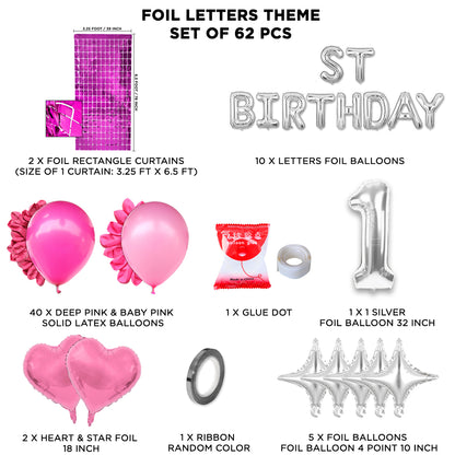 1ST Birthday Foil Letter Theme With Rectangle Curtain - Pink