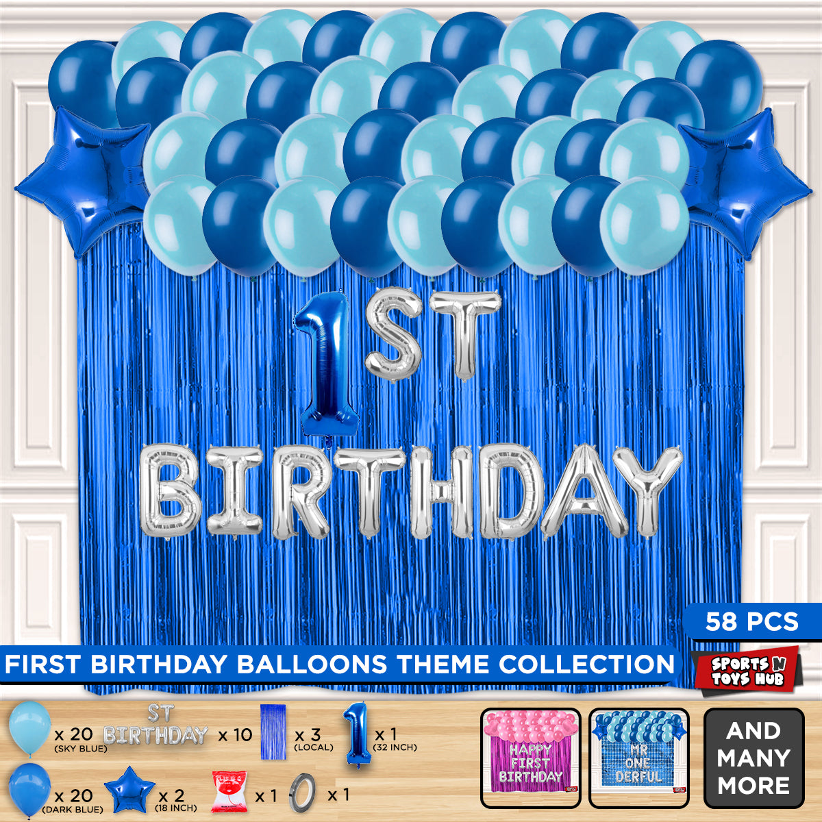 1ST Birthday Foil Letter Theme With Curtain - Blue