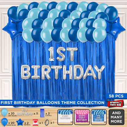 1st Birthday Foil Letter Theme With Curtain - Blue
