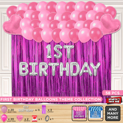 1st Birthday Foil Letter Theme With Curtain - Pink