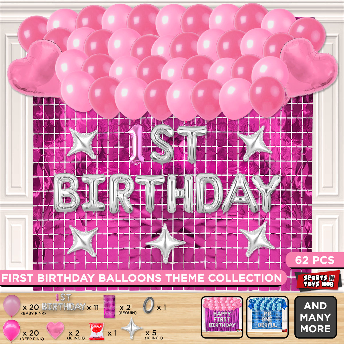 1st Birthday Foil Letter Theme With Rectangle Curtain - Pink