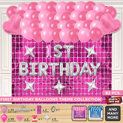 1st Birthday Foil Letter Theme With Rectangle Curtain - Pink