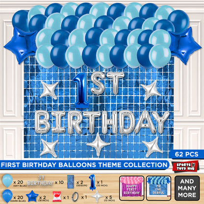 1ST Birthday Foil Letter Theme With Rectangle Curtain - Blue